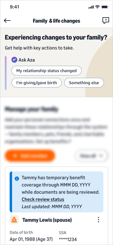My family page: the same blue note that temporary coverage runs while documents are being reviewed